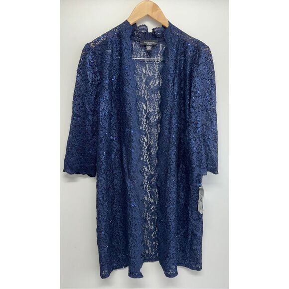 R&M Richards Open Cardigan Size 12 Petite Sequined‎ Lace Scalloped NEW - Picture 2 of 9